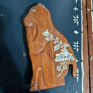 Wooden Bear Puzzle Box Top with Mother Of Pearl Floral Inlay